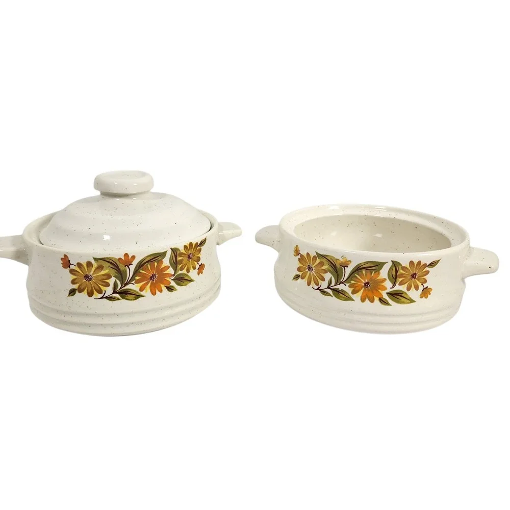 Vintage Bake Serve Store Stoneware Casserole‎ Dish Lid Floral Yellow Flower
